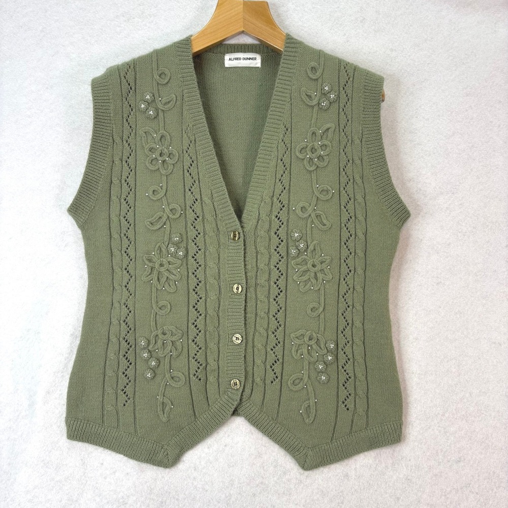 Alfred Dunner Floral Pearl Accent Cable Knit Vest Green Women L Cottage Grandma